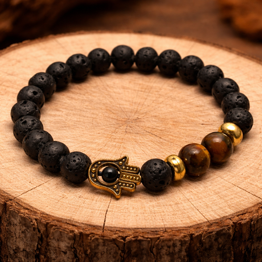Lavasteen Armband – Hamsa & Tijgeroog: Bescherming & Energie