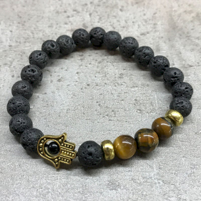 Lavasteen Armband – Hamsa & Tijgeroog: Bescherming & Energie