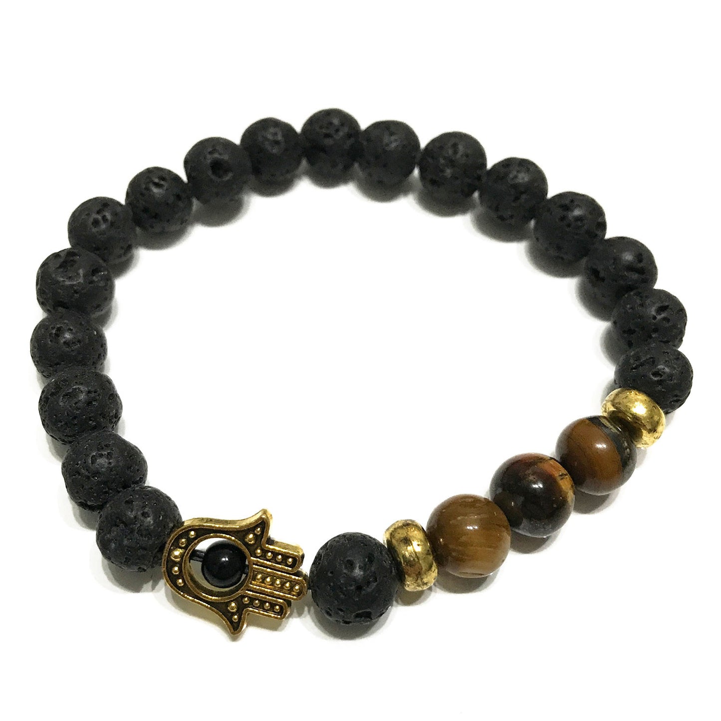 Lavasteen Armband – Hamsa & Tijgeroog: Bescherming & Energie